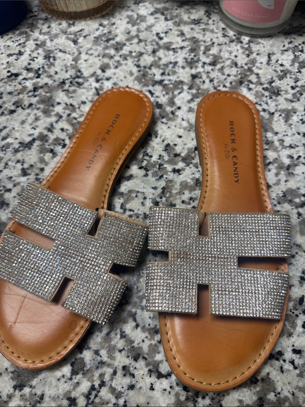 Rock & Candy Tan Slides with Silver Rhinestone Straps